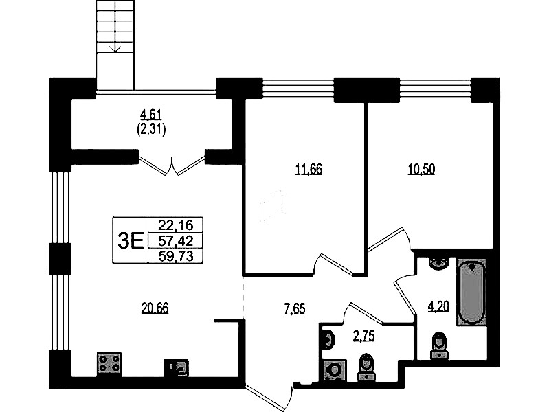 2-комнатная квартира 59.73 м², 1/4 эт., ЖК «Ranta Residence»